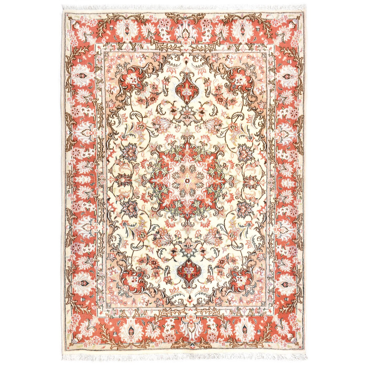 Covor Persan TABRIZ lucrat manual din lana cu matase,Bej/Rosu,200X145