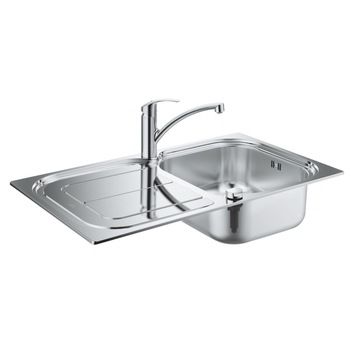 Pachet chiuveta si baterie bucatarie Grohe 31565SD0, o cuva, 860 x 500 mm, reversibila, cartus ceramic, limitator, kit montaj si evacuare inclus, Inox satinat, Crom Pachet chiuveta si baterie bucatarie Grohe 31565SD0, o cuva, 860 x 500 mm, reversibila, cartus ceramic, limitator, kit montaj si evacuare inclus, Inox satinat, Crom
