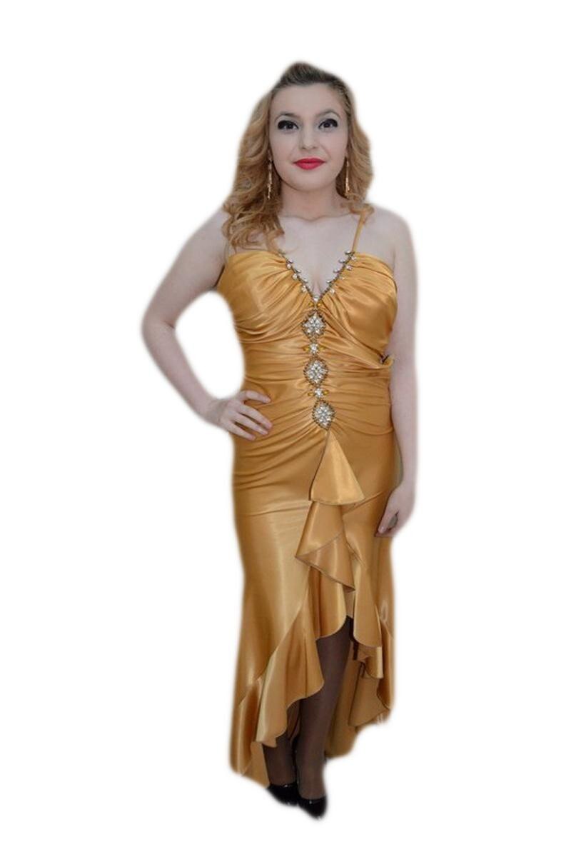 Rochie din saten, decor cu cristale, D&J Exclusive, Auriu, 38