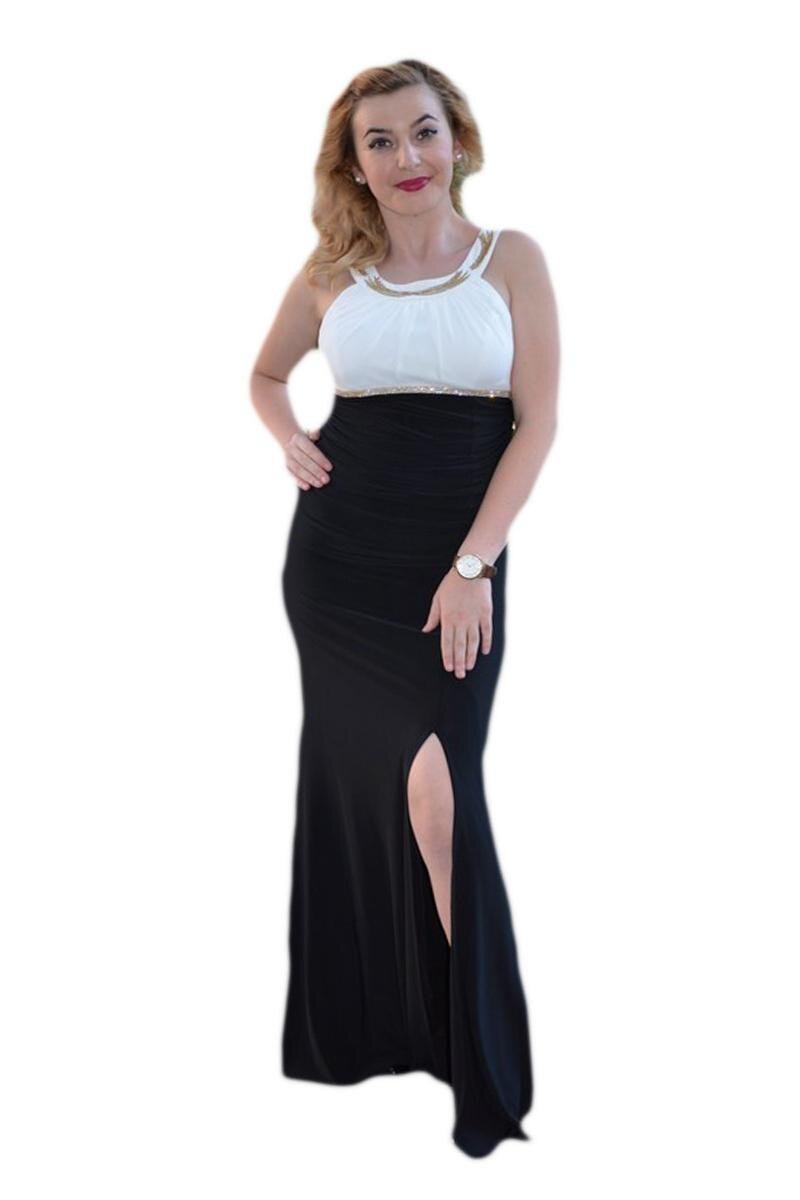 Rochie lunga, jerse fin cu top alb, D&J Exclusive, Negru-Alb