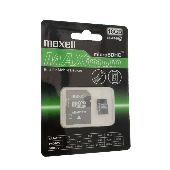 Card Maxell microSDHC 16 Gb clasa 10 cu adaptor, MAXimum 16 GB
