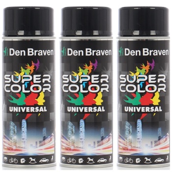 Pachet 3 bucati Spray vopsea, Den Braven Super Color, negru intens lucios , interior / exterior, 400 ml Pachet 3 bucati Spray vopsea, Den Braven Super Color, negru intens lucios , interior / exterior, 400 ml
