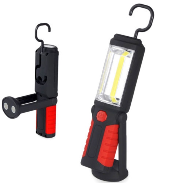 Lanterna LED & COB, reincarcabila USB, lampa exterioara, magnet pentru atasare pe metale, negru&rosu