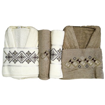 Set baie 6 piese - 2 halate + 4 prosoape, culori crem + maro Set baie 6 piese - 2 halate + 4 prosoape, culori crem + maro