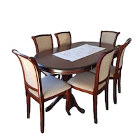 Set masa lemn ovala extensibila + 6 scaune lemn aspect clasic din lemn, elegant, cu tapiterie crem, finisaj nuc