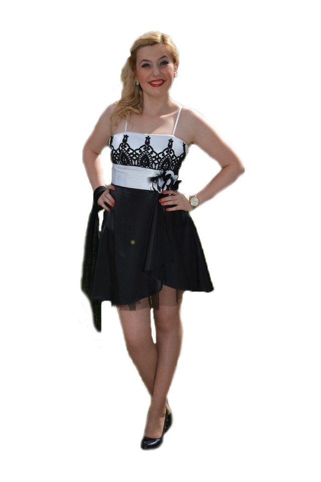 Rochie de ocazie din saten si insertie de broderie,D&J Exclusive, Negru-Alb