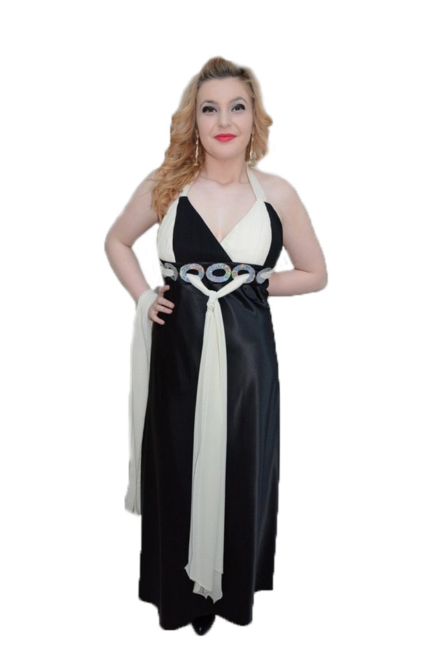 Rochie de gala din saten si voal,D&J Exclusive, Negru-Alb