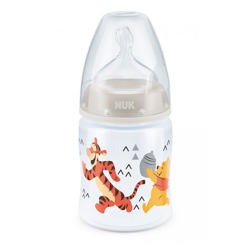 Biberon din polipropilena cu tetina din silicon 150 ml 0-6 luni Nuk First Choice+ Winnie The Pooh 743652G, Gri