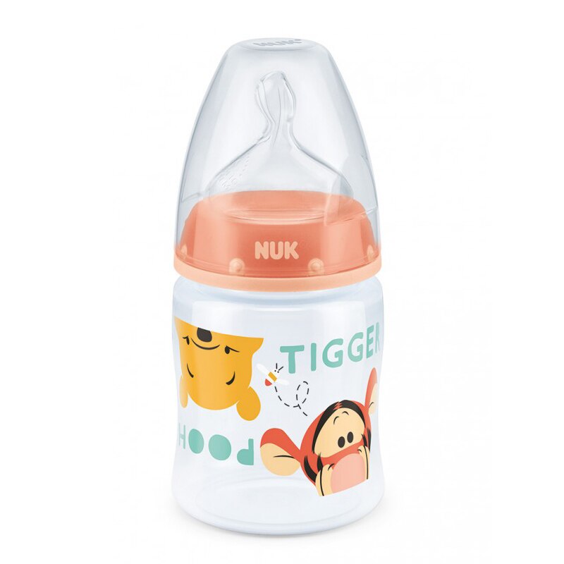 Biberon din polipropilena cu tetina din silicon 150 ml 0-6 luni Nuk First Choice+ Winnie The Pooh 743652P, Portocaliu