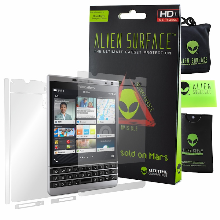 Alien Surface XHD, BlackBerry Passport Dallas, képernyővédő fólia, hátsó, oldal + ajándék Alien Fiber