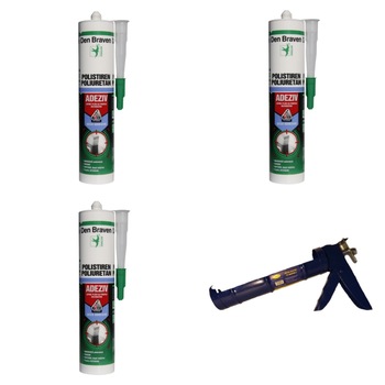 Pachet 3 bucati Adeziv placi si profile decorative din polistiren Den Braven Deco Adhesive, interior, 0.28 l +Pistol silicon din metal, albastru Pachet 3 bucati Adeziv placi si profile decorative din polistiren Den Braven Deco Adhesive, interior, 0.28 l +Pistol silicon din metal, albastru