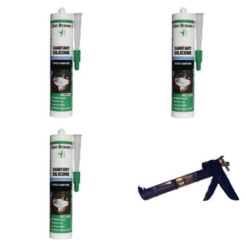 Pachet 3 bucati Silicon sanitar, alb, Den Braven, interior, 280ml + 1 bucata Pistol silicon din metal, albastru Pachet 3 bucati Silicon sanitar, alb, Den Braven, interior, 280ml + 1 bucata Pistol silicon din metal, albastru