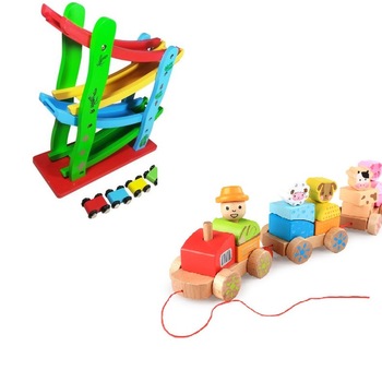 Set 2 jucarii educative Trenulet din lemn cu cuburi geometrice si animale si Pista masini multicolora Set 2 jucarii educative Trenulet din lemn cu cuburi geometrice si animale si Pista masini multicolora