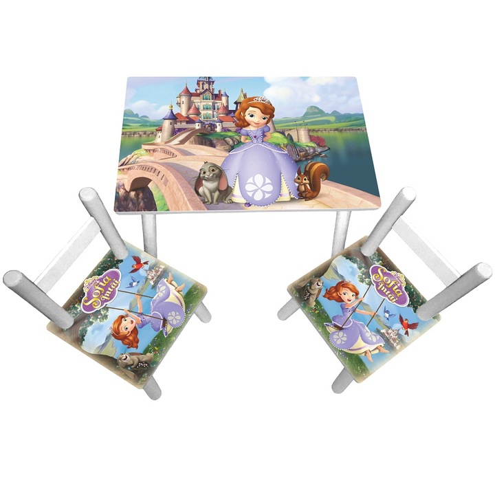 Masuta copii cu 2 scaunele Printesa Sofia Intai, MDF si lemn