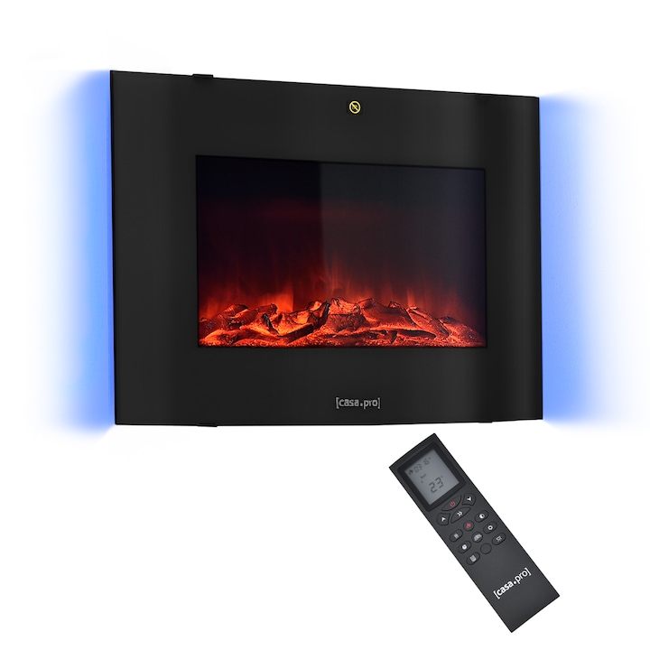 [casa.pro]® Elektromos kandalló 65 x 13,5 x 46 cm tűz-animáció fém üveg műanyag beépített programozható termosztát fekete