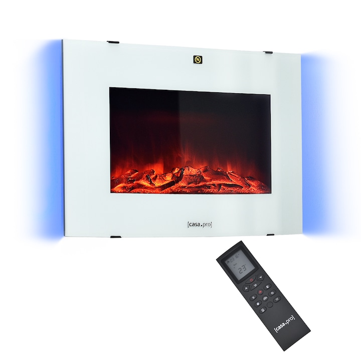 [casa.pro]® Elektromos kandalló 65 x 13,5 x 46 cm tűz-animáció fém üveg műanyag beépített programozható termosztát fehér
