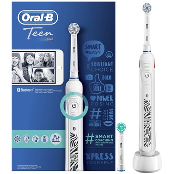Periuta de dinti electrica Oral-B Teen, 40000 pulsatii/min, 8800 oscilatii/min, Curatare 3D, 3 programe, 2 capete, Bluetooth, Alb Periuta de dinti electrica Oral-B Teen, 40000 pulsatii/min, 8800 oscilatii/min, Curatare 3D, 3 programe, 2 capete, Bluetooth, Alb