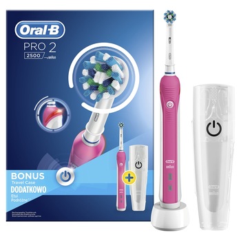 Periuta de dinti electrica Oral-B Pro 2 2500P, 40000 pulsatii/min, 8800 oscilatii/min, Curatare 3D, 2 Programe, 1 capat, Trusa de calatorie, Roz Periuta de dinti electrica Oral-B Pro 2 2500P, 40000 pulsatii/min, 8800 oscilatii/min, Curatare 3D, 2 Programe, 1 capat, Trusa de calatorie, Roz