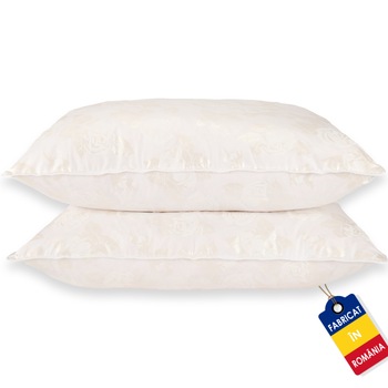 Set de 2 Perne cu puf si pana de gasca, 50cm x 70cm, alb cu trandafiri argintii Set de 2 Perne cu puf si pana de gasca, 50cm x 70cm, alb cu trandafiri argintii
