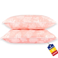 Set de 2 Perne cu puf si pana de gasca, 50cm x 70cm, roz cu trandafiri argintii