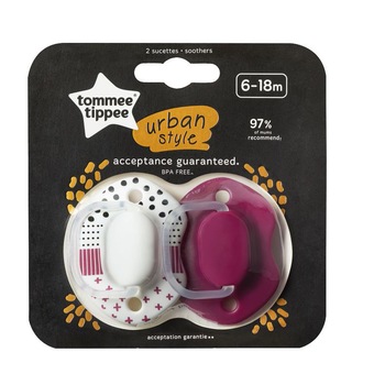 Suzeta ortodontica Tommee Tippee Urban, 2 buc, 6-18 luni, alb / visiniu Suzeta ortodontica Tommee Tippee Urban, 2 buc, 6-18 luni, alb / visiniu