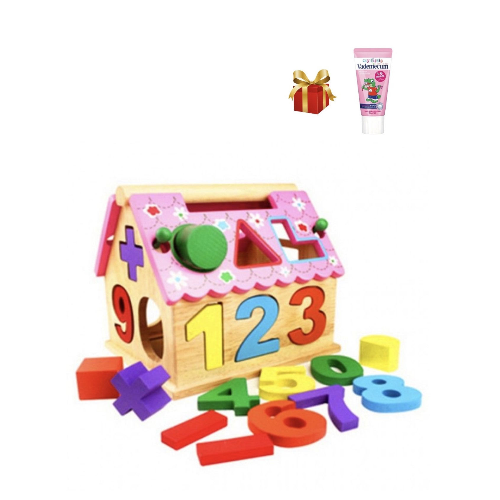 Centru educativ pentru copii, Casuta din lemn cu Cifre si Forme Geometrice + CADOU Pasta de dinti copii 0-6 ani Vademecum, 50 ml