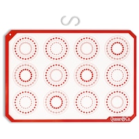 Folie copt silicon, 42 x 29.5 cm, foaie antiaderenta pentru cuptor + gratis carlig de agatare, inlocuieste hartia de copt, reutilizabil, pana la 4000 de reutilizari, folie de copt universala cu marcaje rotunde macarons / fursecuri, Quasar&Co, alb / rosu