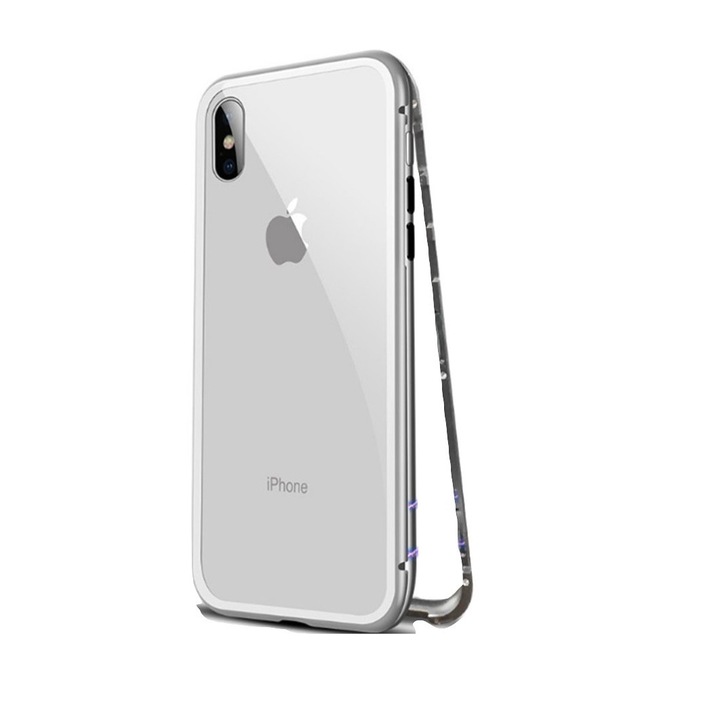 Алуминиев бъмпер калъф с магнитно закопчаване и сигурен гръб от закалено стъкло за iPhone X Сребрист