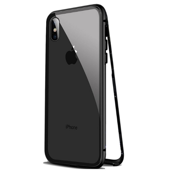 Алуминиев бъмпер калъф с магнитно закопчаване и сигурен гръб от закалено стъкло за iPhone X черен
