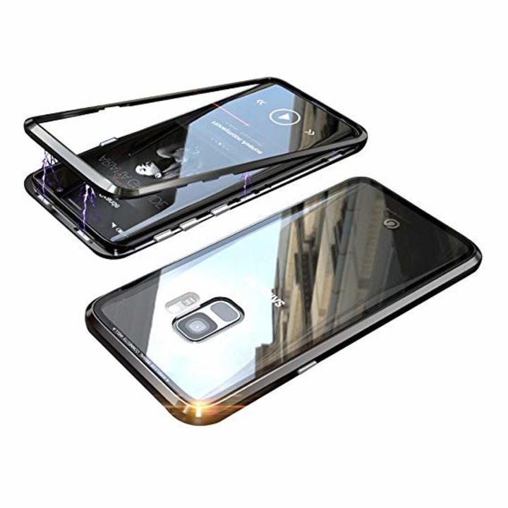 Капак, съвместим със Samsung Galaxy S9 Plus, Magnetic Black, MyStyle Perfect Fit с премиум защитен стъклен гръб
