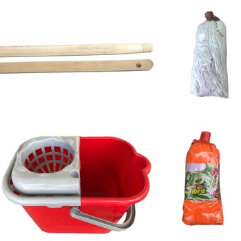 Pachet 1 bucata Rezerva mop bumbac, 250gr + 1 bucata Galeata pentru mop cu storcator, semiovala, 12l +1 bucata Rezerva mop microfibra color + 2 bucati Coada din lemn natur Pachet 1 bucata Rezerva mop bumbac, 250gr + 1 bucata Galeata pentru mop cu storcator, semiovala, 12l +1 bucata Rezerva mop microfibra color + 2 bucati Coada din lemn natur