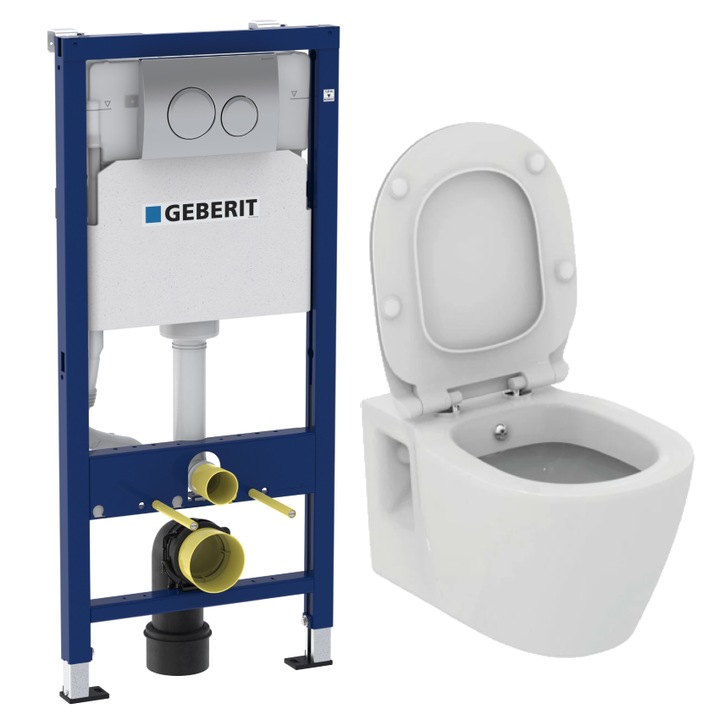 Pachet vas wc suspendat Ideal Standard Connect cu functie de bideu, capac softclose rezervor incastrat cu clapeta Geberit Duofix Delta