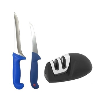 Kit format din 2 cutite profesionale pentru macelarie si ascutitor pe 2 nivele de intensitate Kit format din 2 cutite profesionale pentru macelarie si ascutitor pe 2 nivele de intensitate