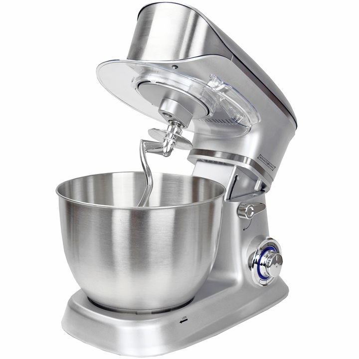 Планетарен миксер с иноксова купа Royalty Line RL-PKM1900.7, 1900W, 6.5 литра, 6 скорости + Pulse, Приставки, Сребрист