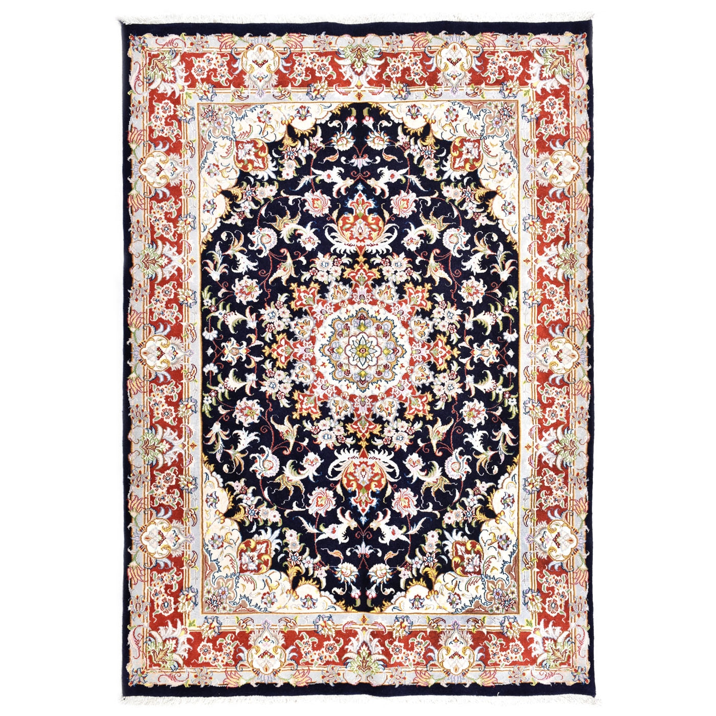 Coor Persan Tabriz,Lucrat manual din Lana+Matase,Bleumarin +Rosu ,210X150