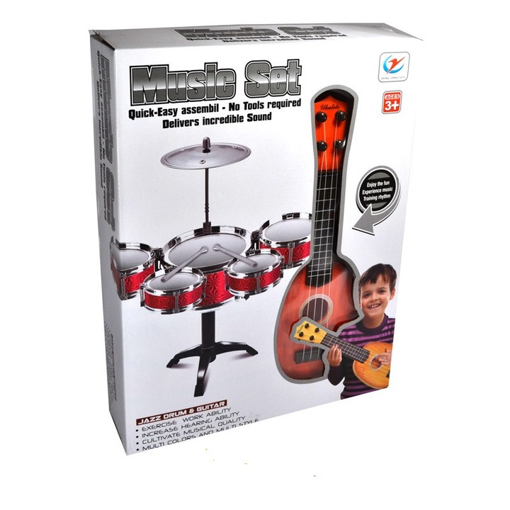 Комплект от 5 барабана и китара за деца, Sarra,