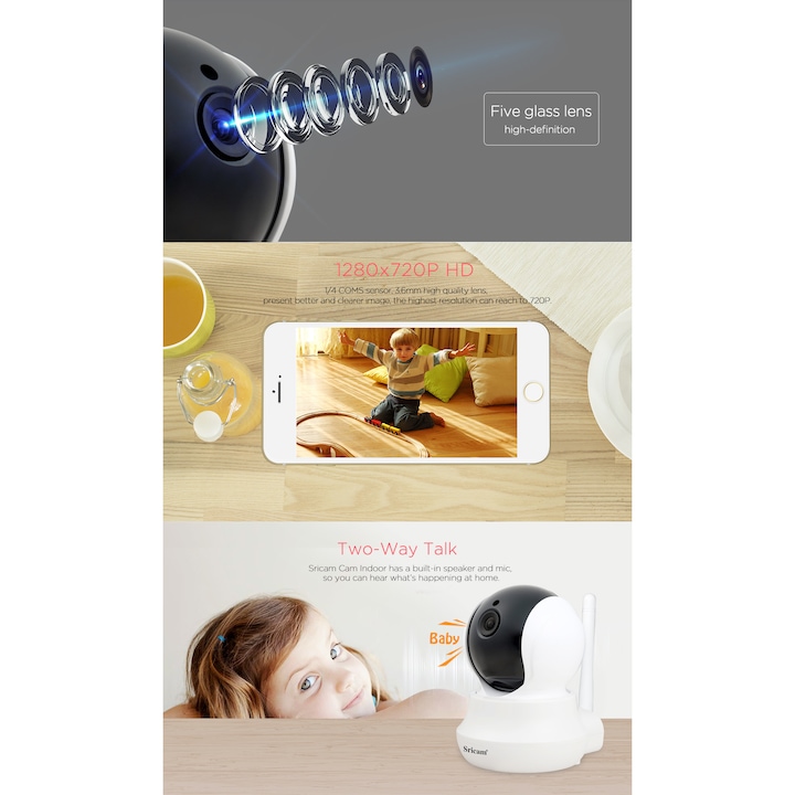 Безжичен бебефон с наблюдение SP020 Директно на телефона, бебешко видео аудио наблюдение, нощно виждане, аудио-видео, двупосочен звук, функция Push to Talk, автоматично завъртане, HD 1280*720, 1.0 MP, сензор за движение, бял