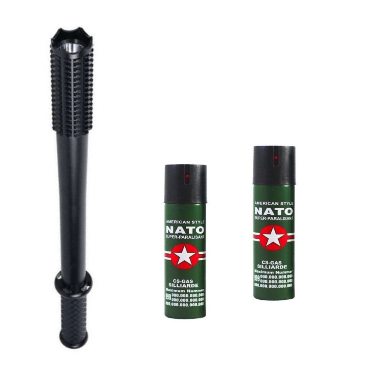 Kit autoaparare format din Baston cu electrosoc si lanterna MDM 3 faze iluminare 10.000 KV si Set 2 Spray Nato 60 ml