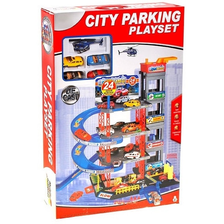 ISP ParKing játék autópálya, 4 szintes parkoló, 4 autóval és helikopterrel, autómosóval, rámpával, benzinkúttal, szürke / kék