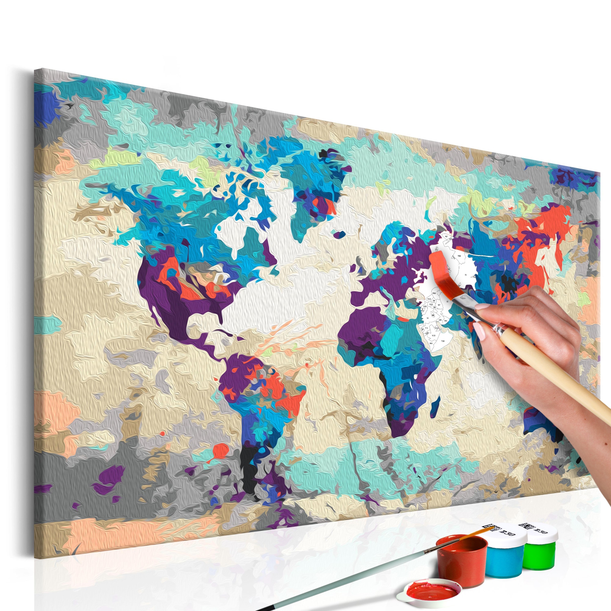 Pictura pe numere - Harta mondiala albastru si rosu - 60 x 40 cm