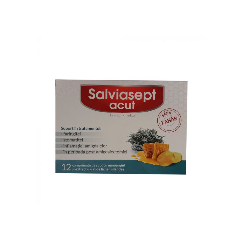 Comprimate de Supt fara Zahar, Salviasept Acut, pentru Tratamentul Faringitei, Stomatitei, Inflamtiei Amigdalelor, 12 comprimate
