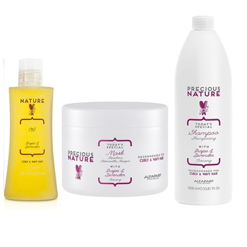 Set pentru par cret si ondulat Alfaparf Precious Nature Curly & Wavy: 1000 ml, Sampon + 500 ml, Masca + 100 ml, Ulei de par Set pentru par cret si ondulat Alfaparf Precious Nature Curly & Wavy: 1000 ml, Sampon + 500 ml, Masca + 100 ml, Ulei de par