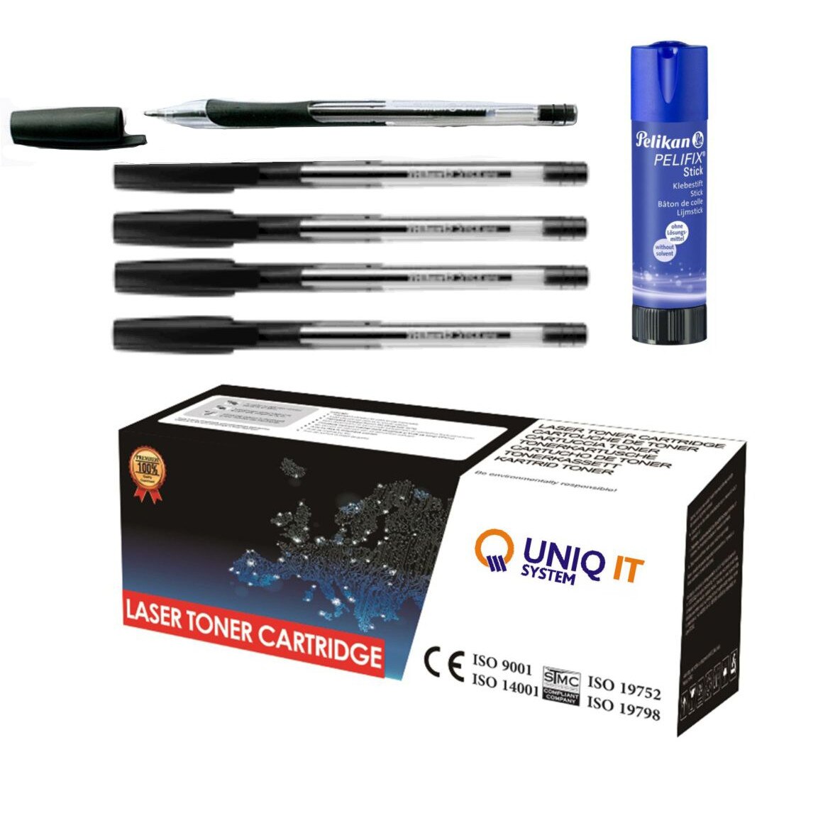Set Cartus toner LASER compatibil HP CE255X - HP P3015, M521 + Lipici PELIKAN 40 G + 5 Pixuri Pelikan Stick pro negre