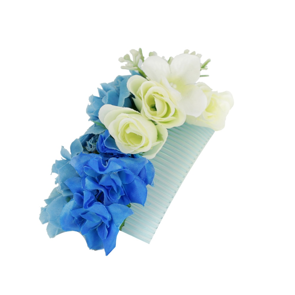 Pieptene floral, culoare albastru si alb, handmade