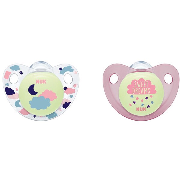 Set 2 suzete ortodontice din silicon 6-18 luni Nuk Night & Day 736126R, Roz