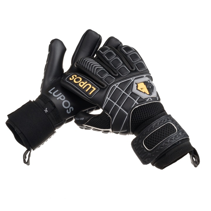 Manusi portar profesionale Lupos Hyper Black, negative cut, 4mm Giga Grip latex palm. Marime 10