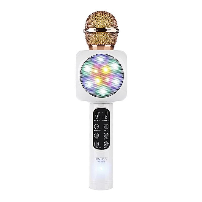 Microfon Karaoke Wireless cu Bluetooth, Soundvox™ WS-1816 cu Boxa inclusa si Joc de Lumini, Alb