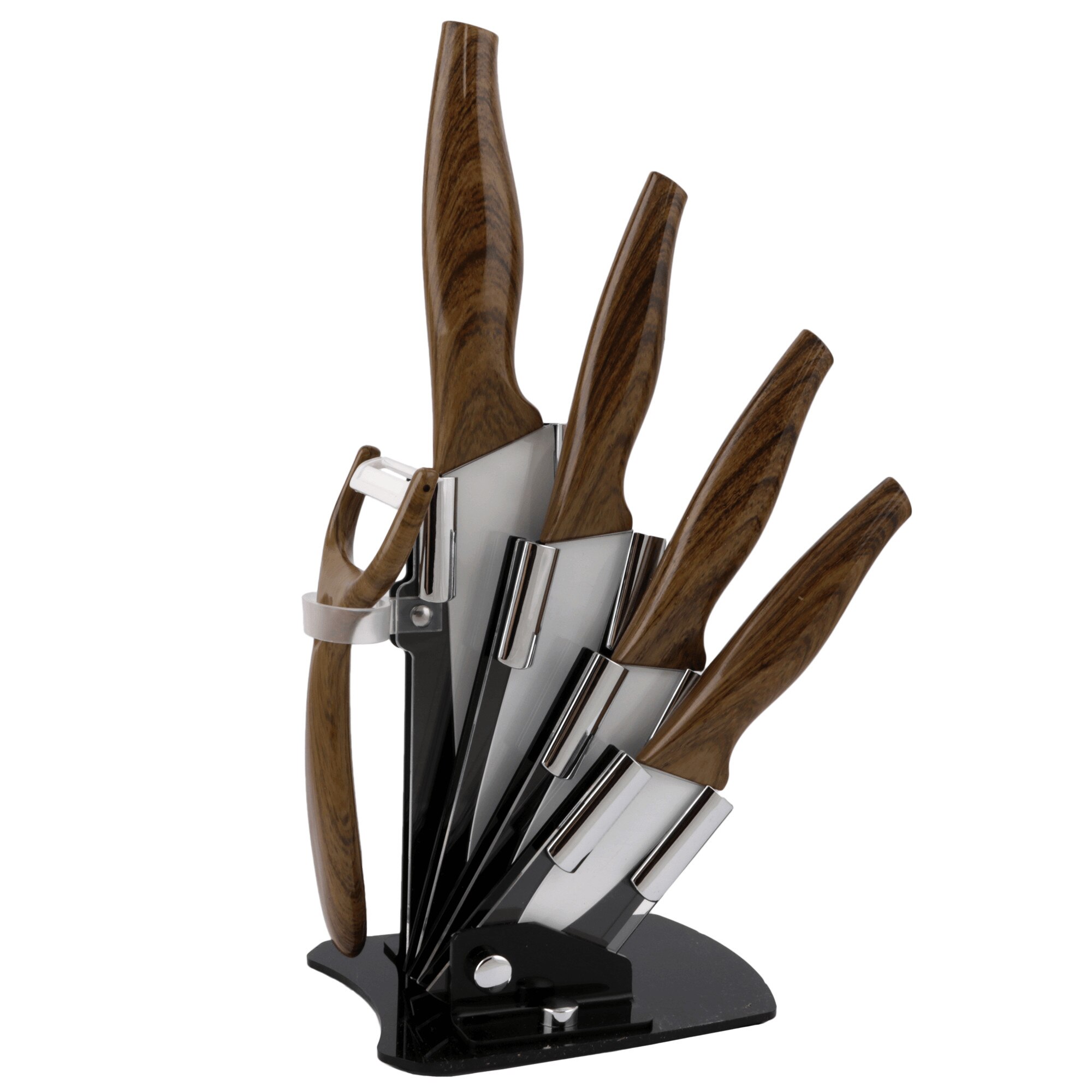 Set 4 cutite + decojitor Lowenthal, acoperire ceramica, cu suport, Maro/Alb