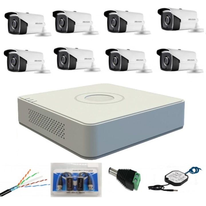 Sistem complet de supraveghere profesional Hikvision Turbo HD, inregistrare 4K / 8 Mp, 8 camere IR 30 m, HDD 2 Tb, 200 m cablu CCTV, vizualizare pe telefon
