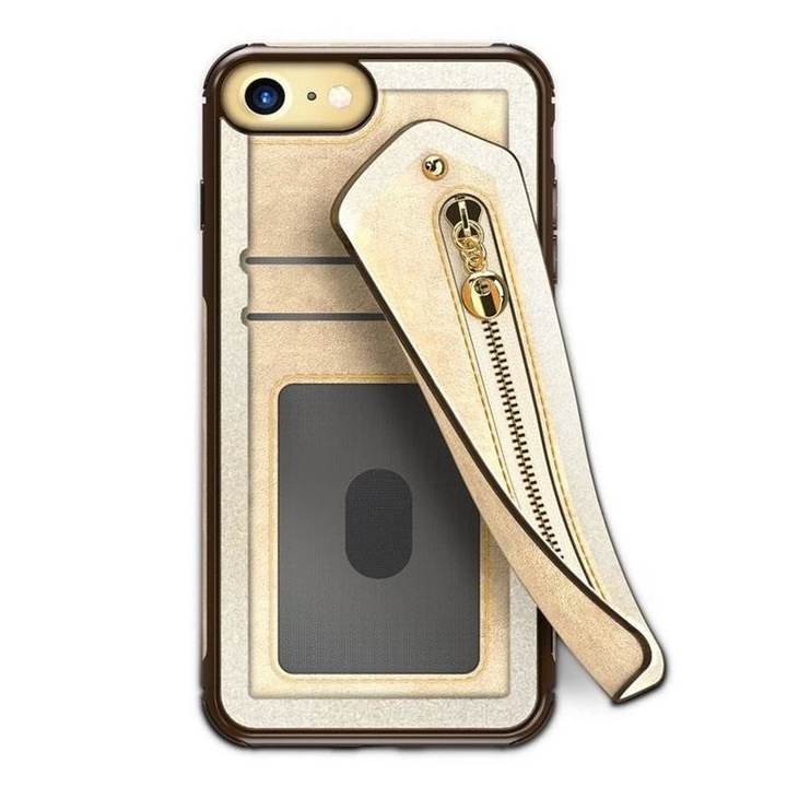 Zizo Nebula Wallet Case - Кожен калъф за iPhone XS / X с джобове за карти, Допълнителен калъф с цип, 9H протектор за екран, Бежов